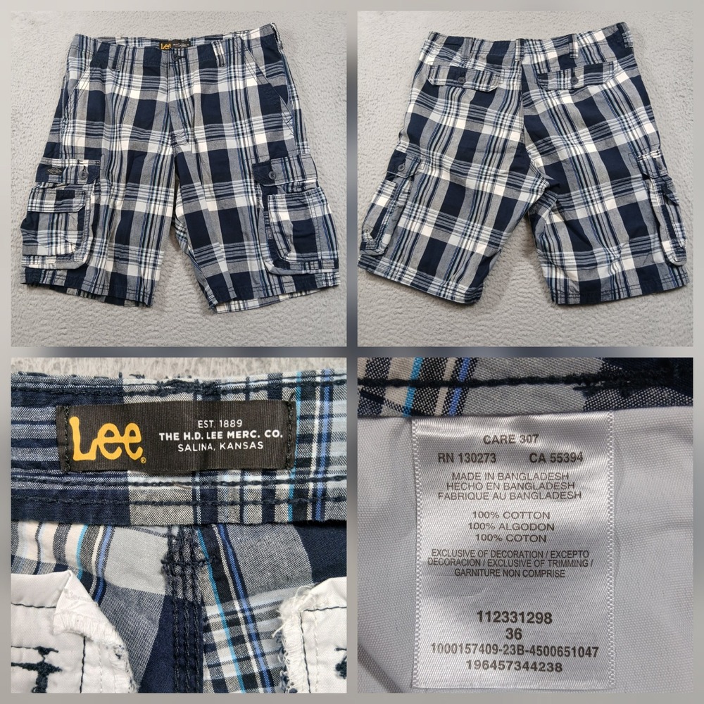 Lee Cargo Shorts Men's 36 Blue White Plaid 100% Cotton Utility